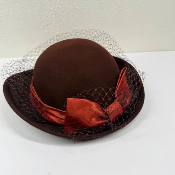 Vintage Georgi Brown Felt Hat Satin Bow Netting Accent Made in USA - Picture 3 of 8